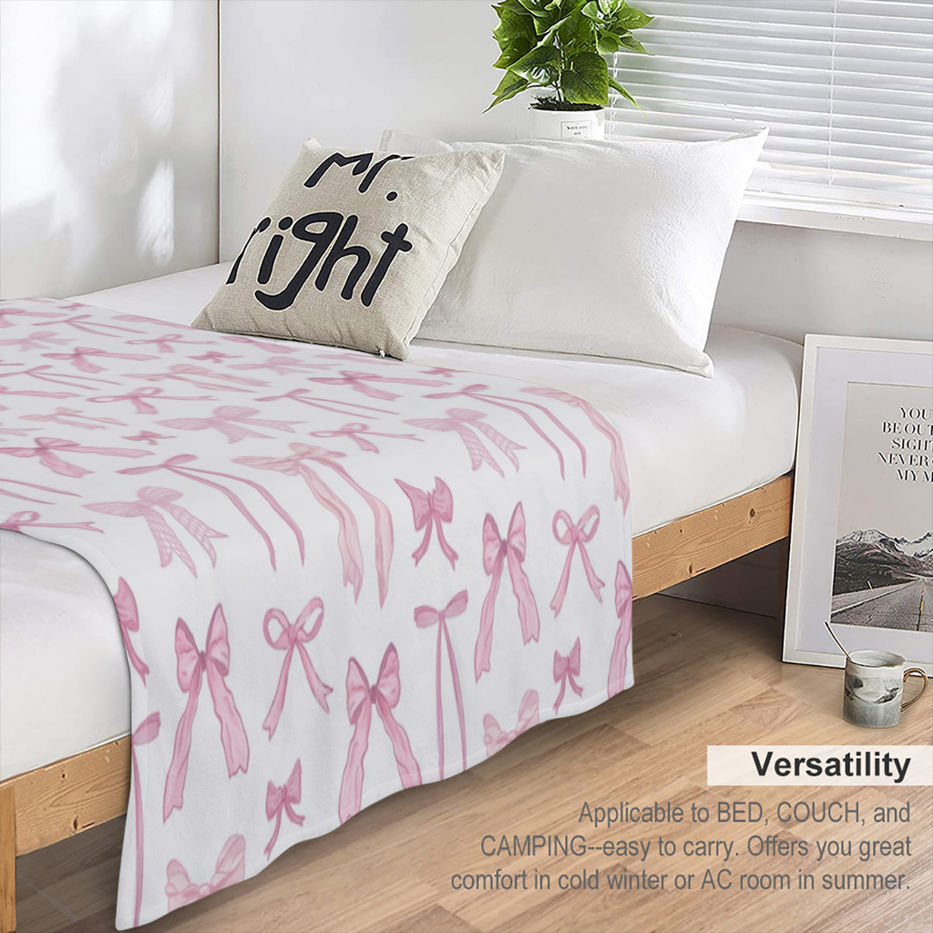 Cozy Pink Bow Print Flannel Throw Blanket - Versatile for Bed, Couch, Office, and Outdoor Use - Perfect Gift for Girls and Friends