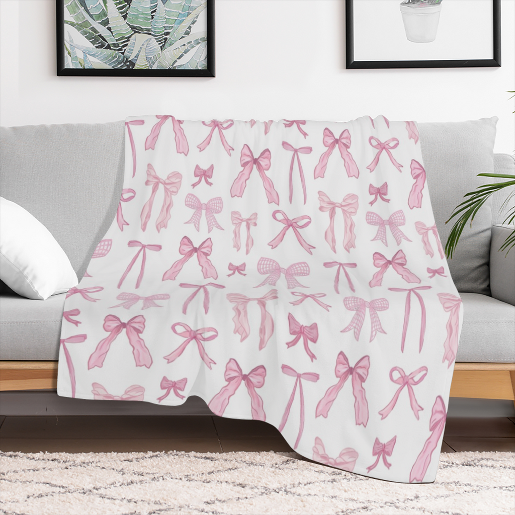 Cozy Pink Bow Print Flannel Throw Blanket - Versatile for Bed, Couch, Office, and Outdoor Use - Perfect Gift for Girls and Friends