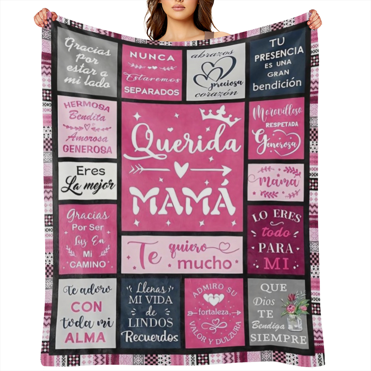 1 carta en espaol sincera para mam - Manta de franela de estilo moderno con borde a cuadros rosa y negro, suave y acogedora para viajes, camping, sof cama, decoracin de oficina - Lavable en mquina, co