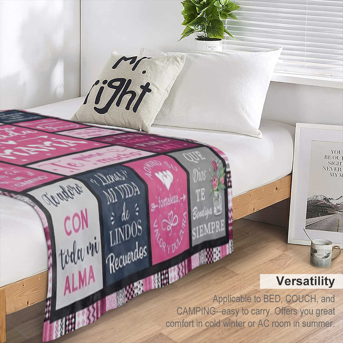 1 carta en espaol sincera para mam - Manta de franela de estilo moderno con borde a cuadros rosa y negro, suave y acogedora para viajes, camping, sof cama, decoracin de oficina - Lavable en mquina, co