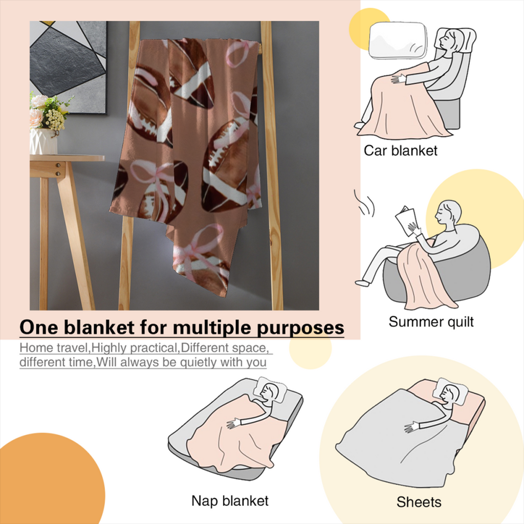 Cozy Pink Bow-Tied Football Print Throw Blanket - Soft, Reversible Flannel for All Seasons - Perfect for Bed, Sofa, Camping & Travel