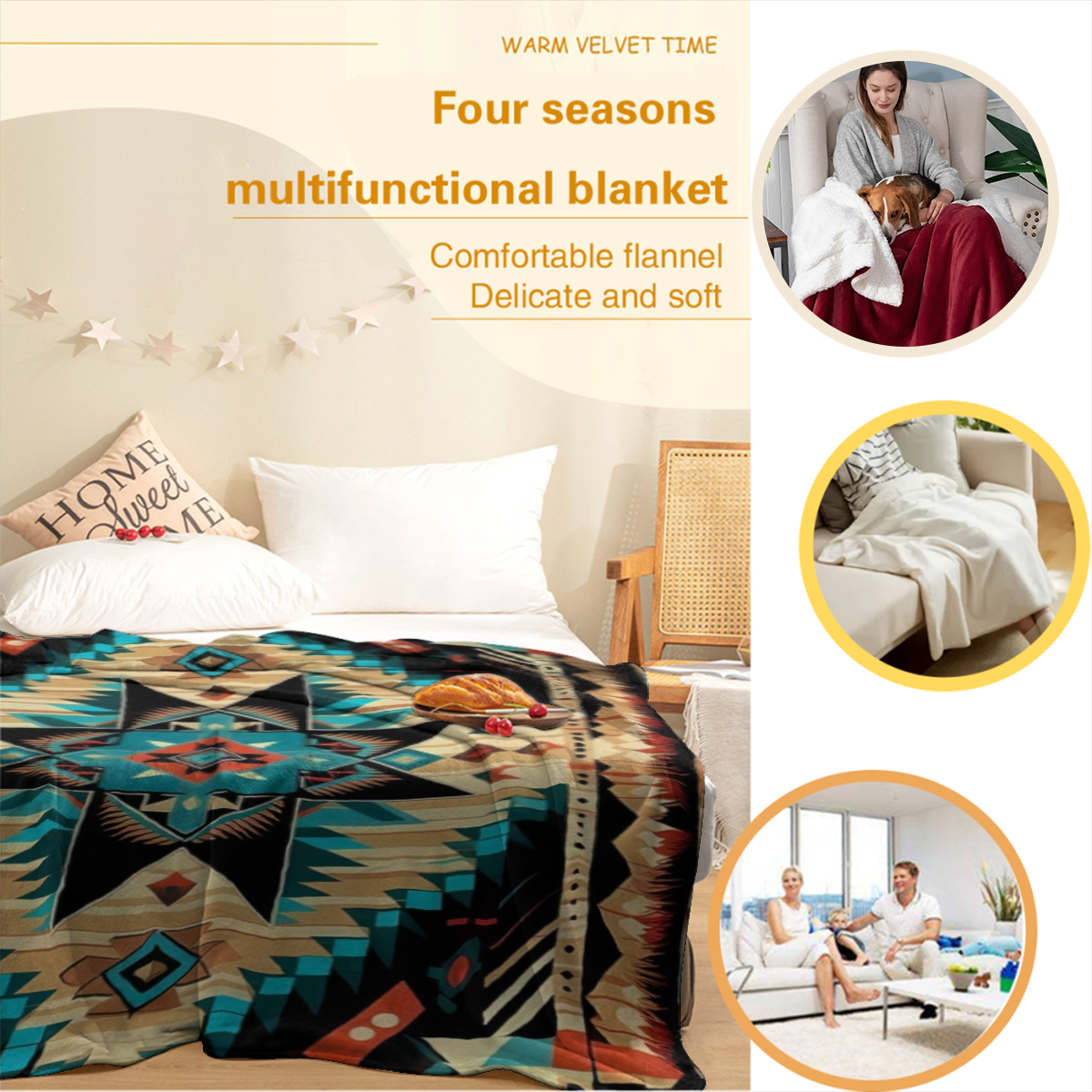 [300GSM]Western Blanket King Size, Native American Fleece Throw Blanket for Couch Bed Sofa, Southwestern Aztec Patterned Blankets and Throws, Super Soft Cozy Plush Flannel Blanket,  Decor & Gift