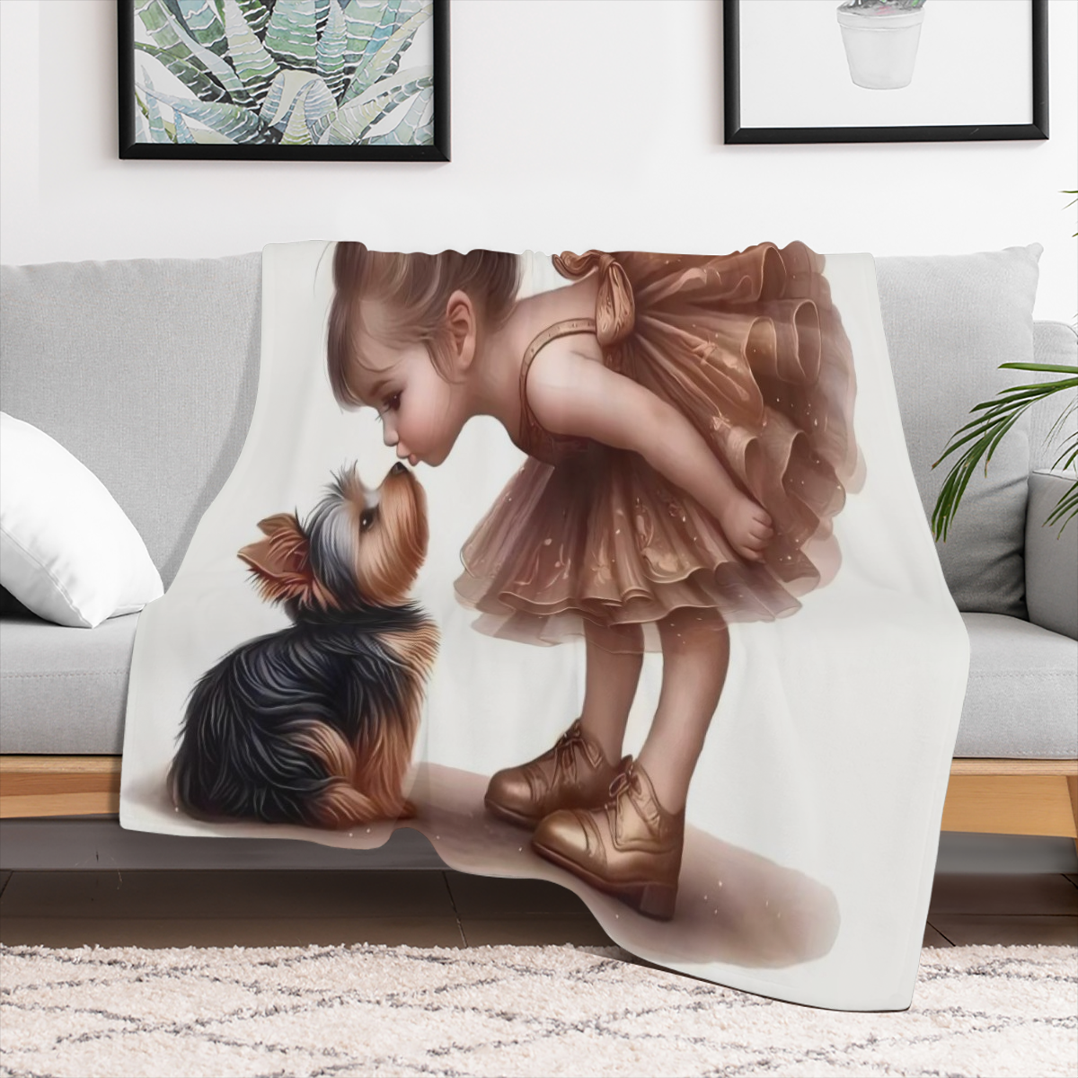 Cozy Cute Little Girl Kissing Puppy Print Flannel Blanket - Soft Warm Skin-Friendly Machine Washable for Sofa Bed Car Camping Office Decor - Versatile All-Season Gift 100 Polyester Knit Fabric