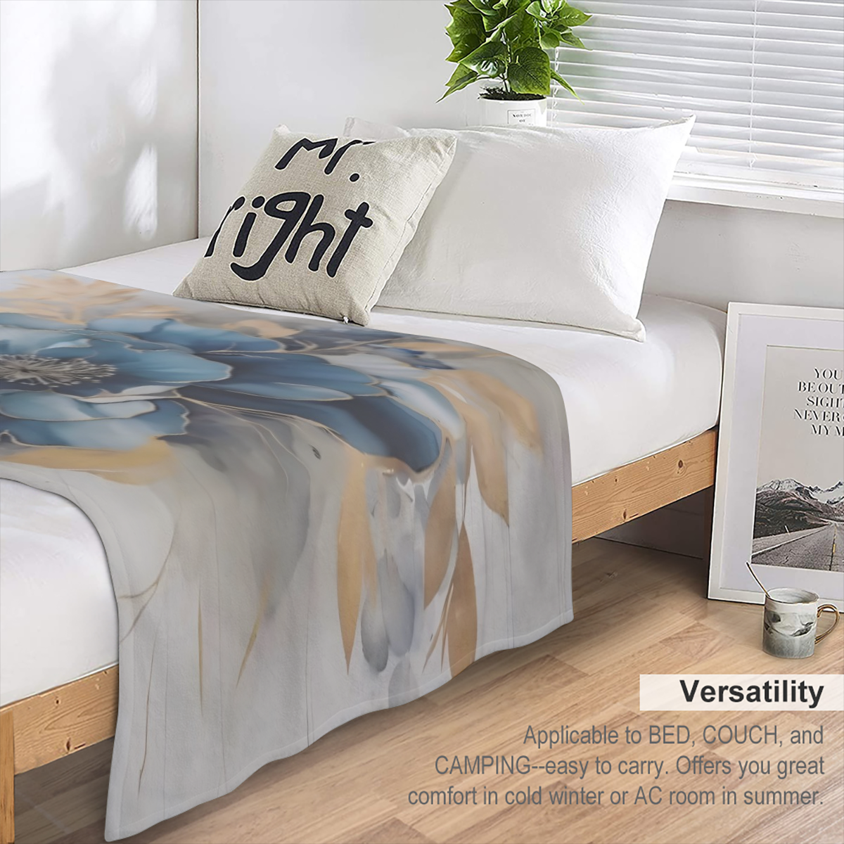 Blue Flower Style Print Blanket for Kids Girls Boys Flannel Blanket Print Soft Blankets and Throws for Sofa Couch Bed Blanket