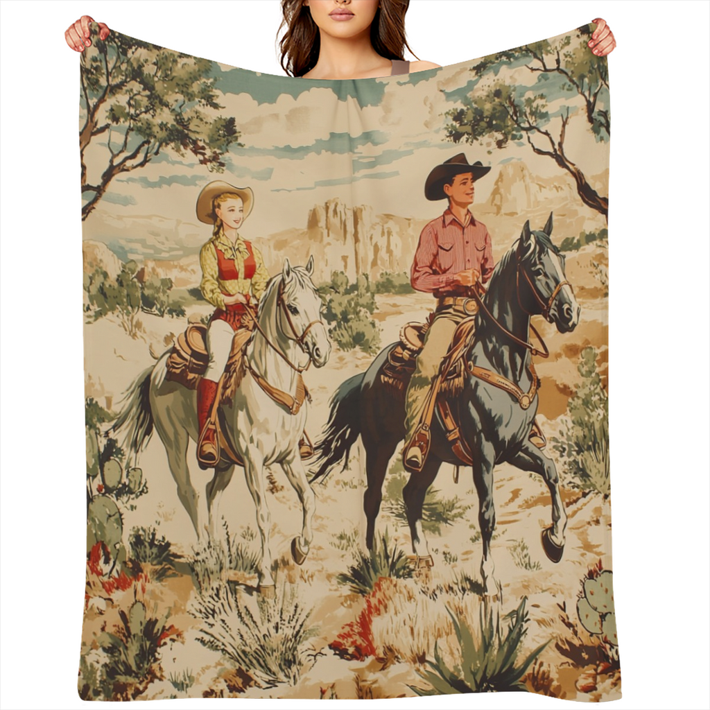 Abstract Watercolor Western Cowboy Soft Warm Cozy Blanket, Rustic Aesthetic Anime Wild West Desert Animal Horse Throw Blankets for Family Fuzzy Plush Blanket Fleece Lightweight Flannel Adults Gift for