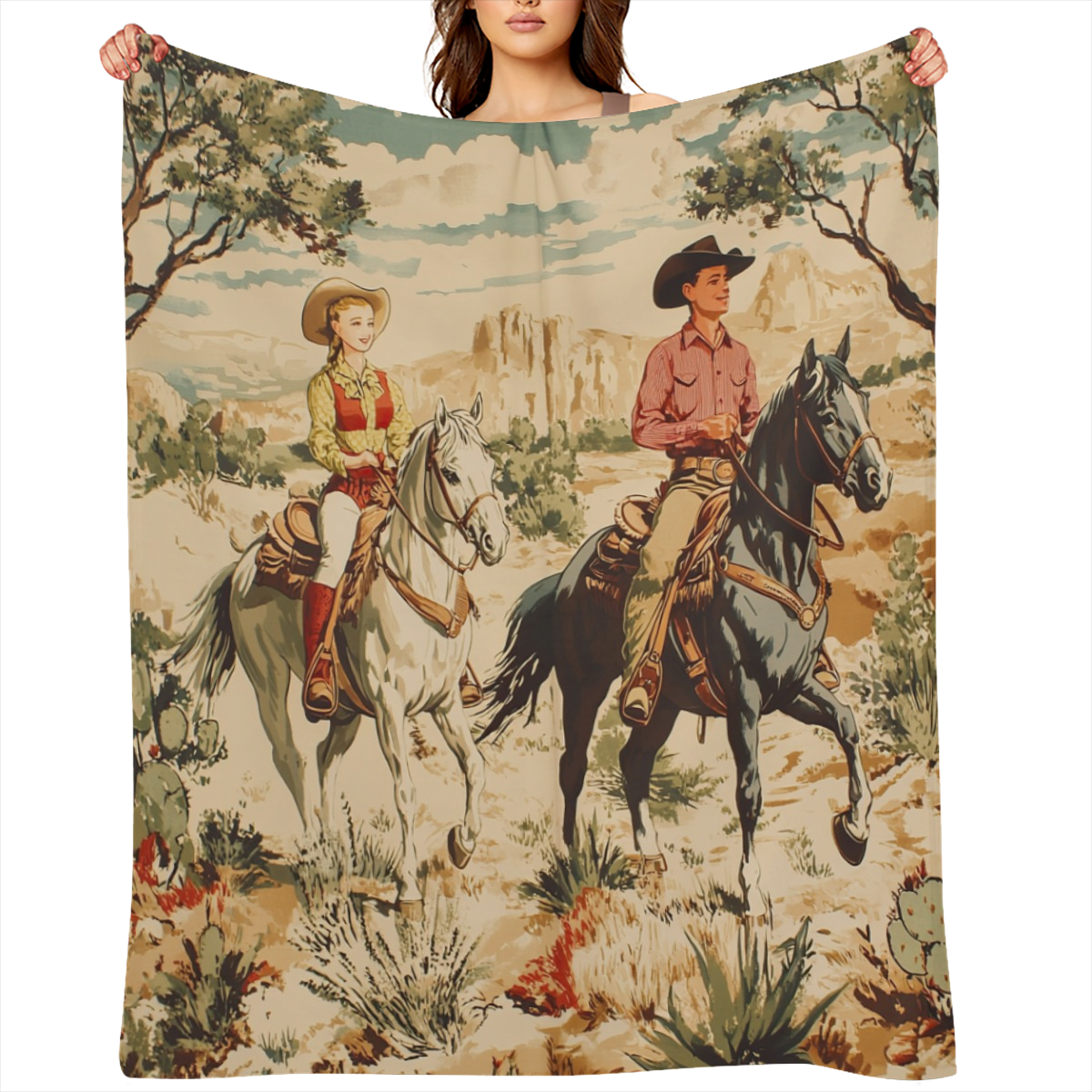 Abstract Watercolor Western Cowboy Soft Warm Cozy Blanket, Rustic Aesthetic Anime Wild West Desert Animal Horse Throw Blankets for Family Fuzzy Plush Blanket Fleece Lightweight Flannel Adults Gift for