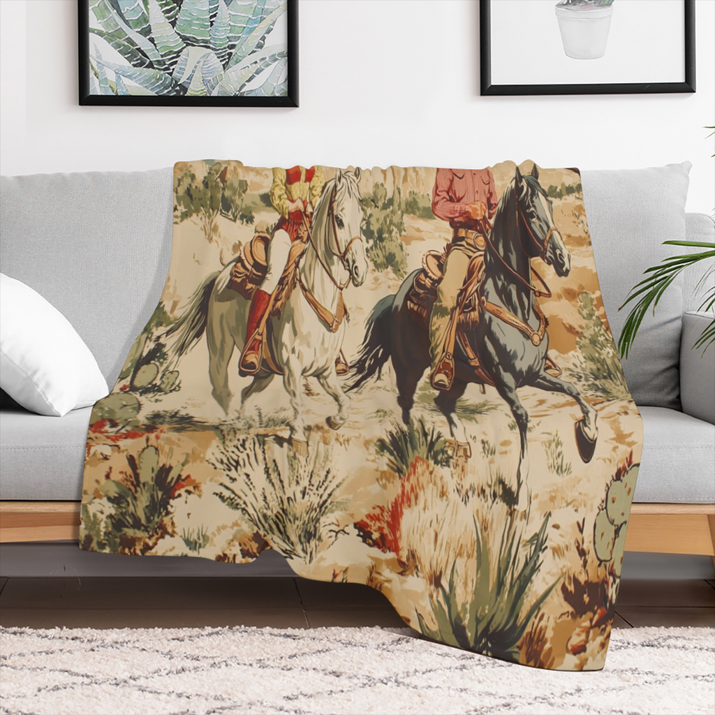 Abstract Watercolor Western Cowboy Soft Warm Cozy Blanket, Rustic Aesthetic Anime Wild West Desert Animal Horse Throw Blankets for Family Fuzzy Plush Blanket Fleece Lightweight Flannel Adults Gift for