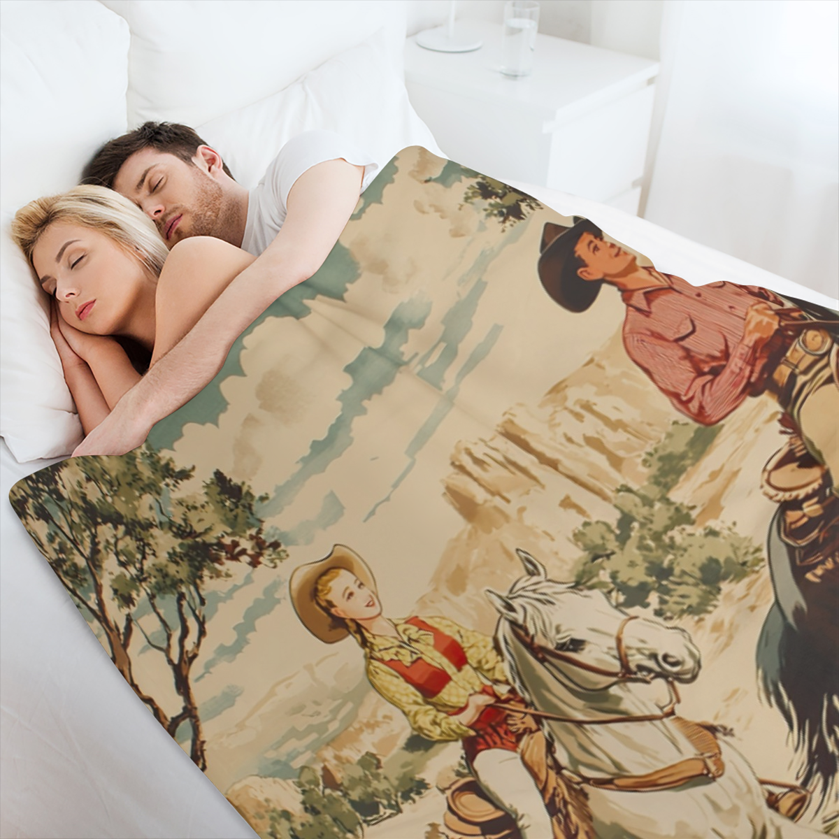 Abstract Watercolor Western Cowboy Soft Warm Cozy Blanket, Rustic Aesthetic Anime Wild West Desert Animal Horse Throw Blankets for Family Fuzzy Plush Blanket Fleece Lightweight Flannel Adults Gift for