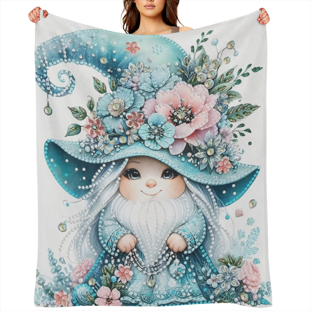 Charming Gnome with Blue Floral Hat Flannel Blanket - Soft Warm Lightweight Perfect for Travel Camping Living Room Office Sofa Chair Bed Machine Washable All- Season Comfort