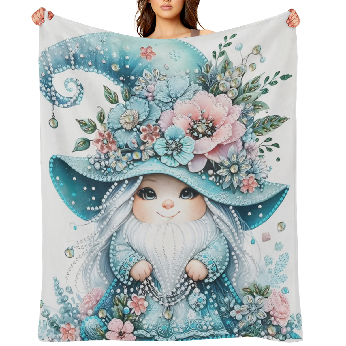 Charming Gnome with Blue Floral Hat Flannel Blanket - Soft Warm Lightweight Perfect for Travel Camping Living Room Office Sofa Chair Bed Machine Washable All- Season Comfort