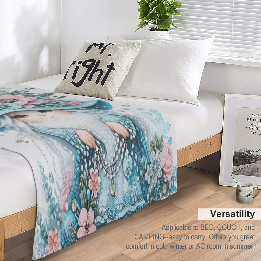 Charming Gnome with Blue Floral Hat Flannel Blanket - Soft Warm Lightweight Perfect for Travel Camping Living Room Office Sofa Chair Bed Machine Washable All- Season Comfort