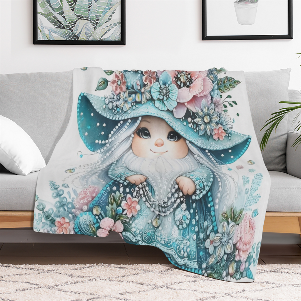 Charming Gnome with Blue Floral Hat Flannel Blanket - Soft Warm Lightweight Perfect for Travel Camping Living Room Office Sofa Chair Bed Machine Washable All- Season Comfort
