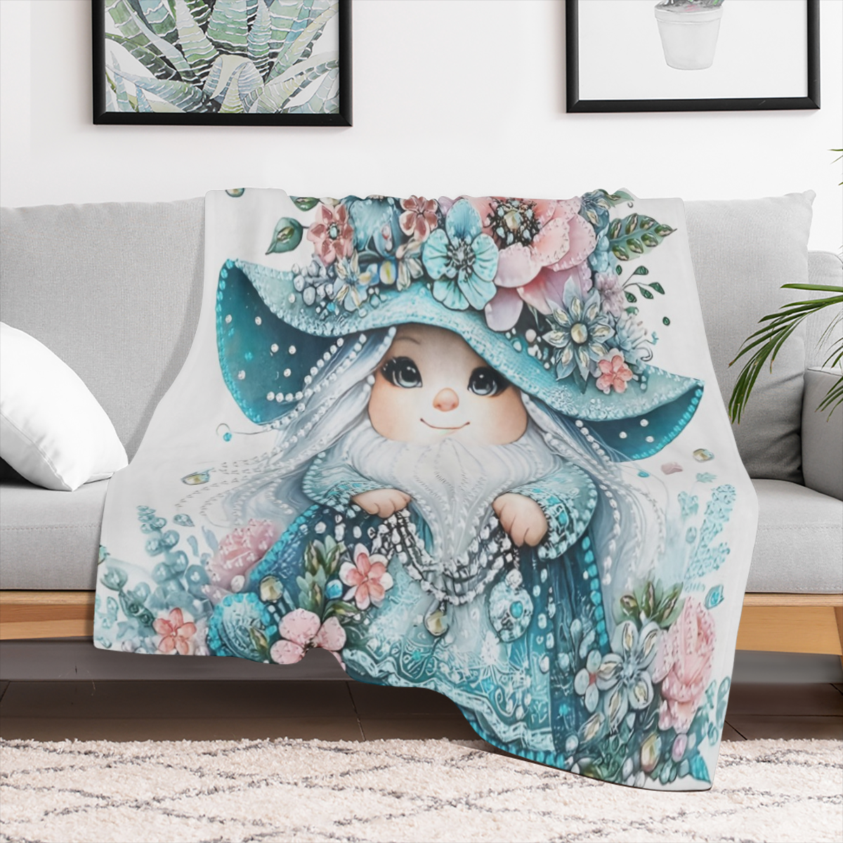 Charming Gnome with Blue Floral Hat Flannel Blanket - Soft Warm Lightweight Perfect for Travel Camping Living Room Office Sofa Chair Bed Machine Washable All- Season Comfort