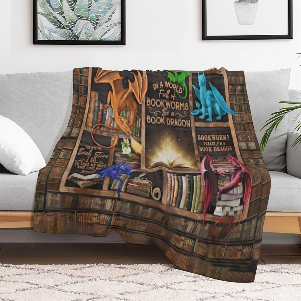 Cozy Flannel Throw Blanket for Book Lovers - Soft Warm and Versatile for Couch Bed Office and Travel - Vintage Style with Unique Dragon Design