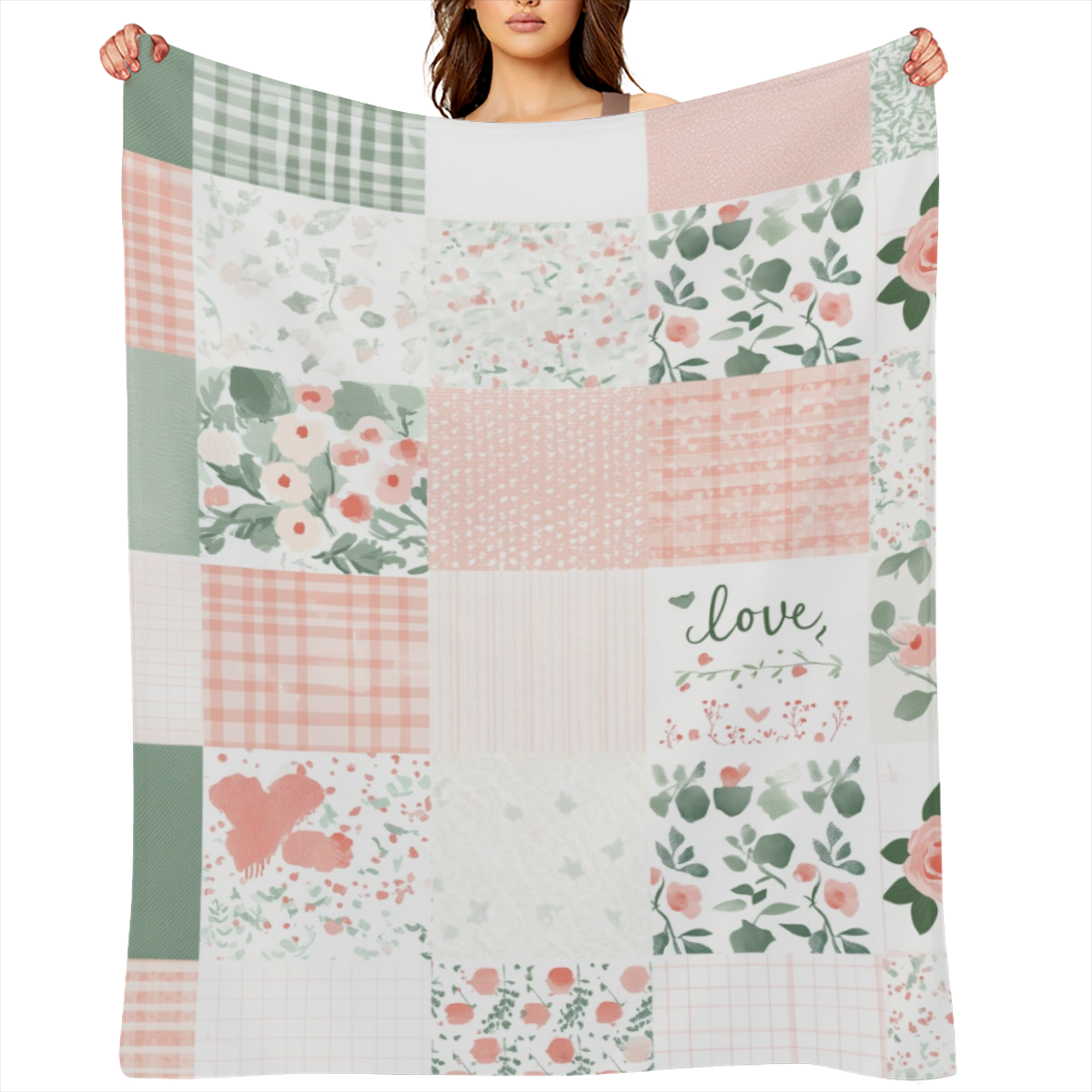 1pc Cozy Floral Patchwork Flannel Throw Blanket - Soft, Warm & Versatile for Bed, Sofa, Office, or Camping All- Season Polyester, Lightweight 250- 300g, Contemporary Style with Green, Pink & White Pat