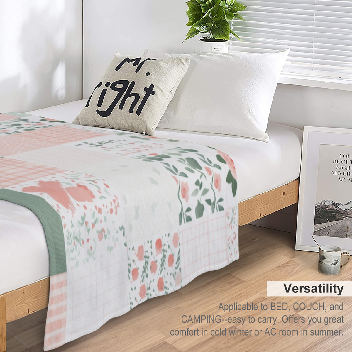 1pc Cozy Floral Patchwork Flannel Throw Blanket - Soft, Warm & Versatile for Bed, Sofa, Office, or Camping All- Season Polyester, Lightweight 250- 300g, Contemporary Style with Green, Pink & White Pat