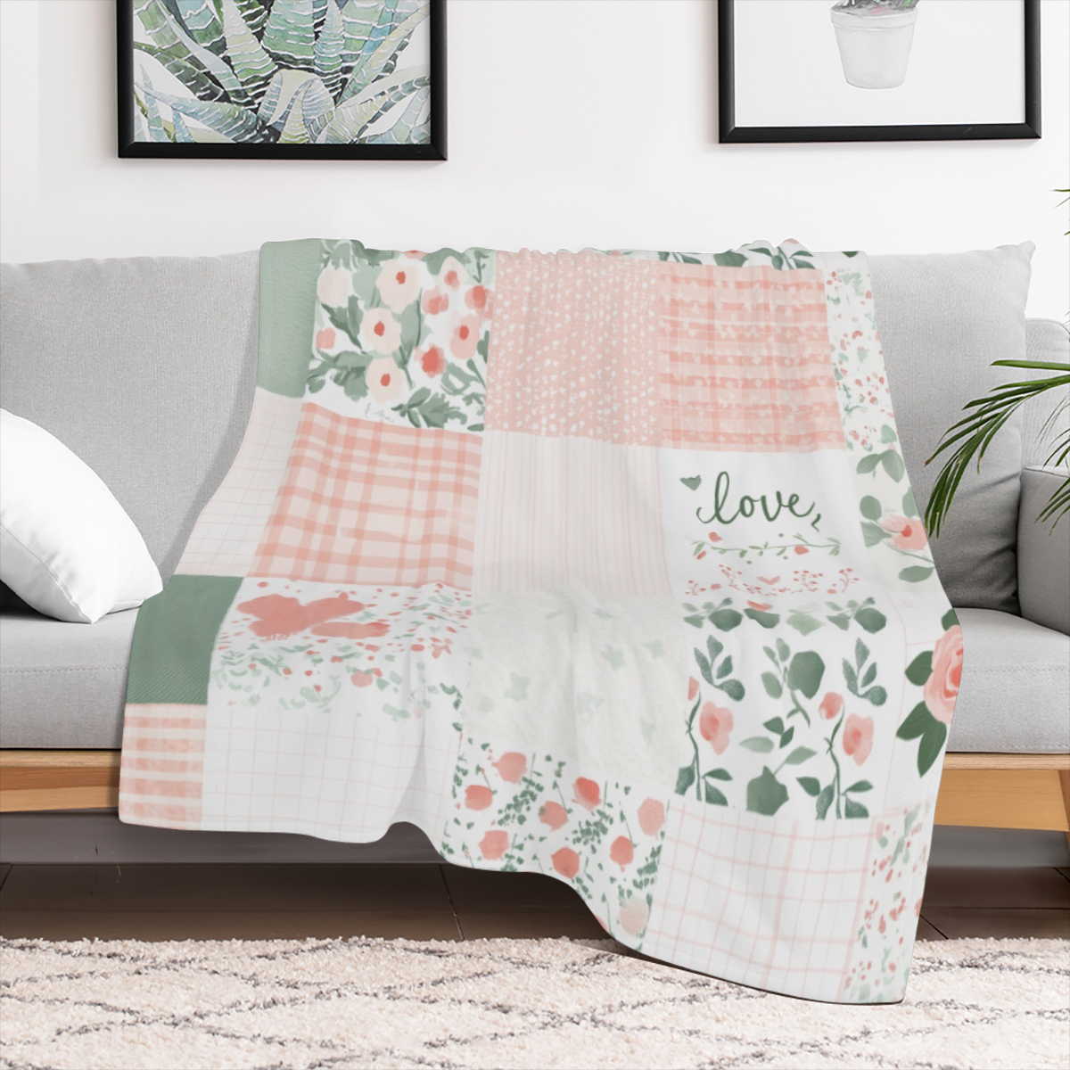 1pc Cozy Floral Patchwork Flannel Throw Blanket - Soft, Warm & Versatile for Bed, Sofa, Office, or Camping All- Season Polyester, Lightweight 250- 300g, Contemporary Style with Green, Pink & White Pat