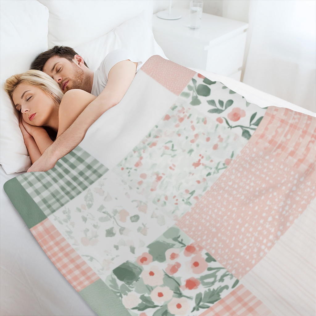 1pc Cozy Floral Patchwork Flannel Throw Blanket - Soft, Warm & Versatile for Bed, Sofa, Office, or Camping All- Season Polyester, Lightweight 250- 300g, Contemporary Style with Green, Pink & White Pat