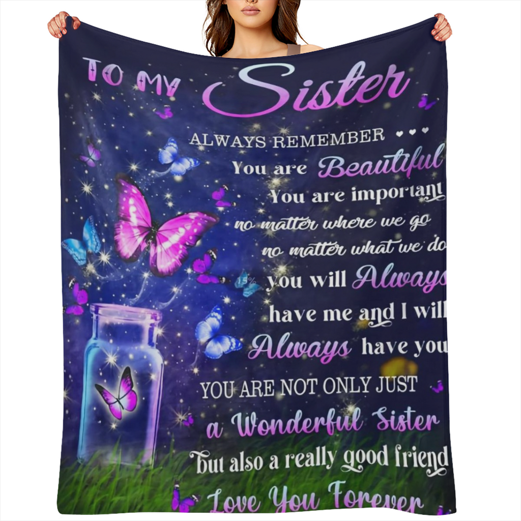 1pc Vintage Butterfly- Themed Flannel Throw Blanket, Lightweight 200- 250g Soft Knitted Polyester, All- Season Cozy Wrap, Sentimental Sister Gift with Loving Message, Anniversary Festival Commemorativ