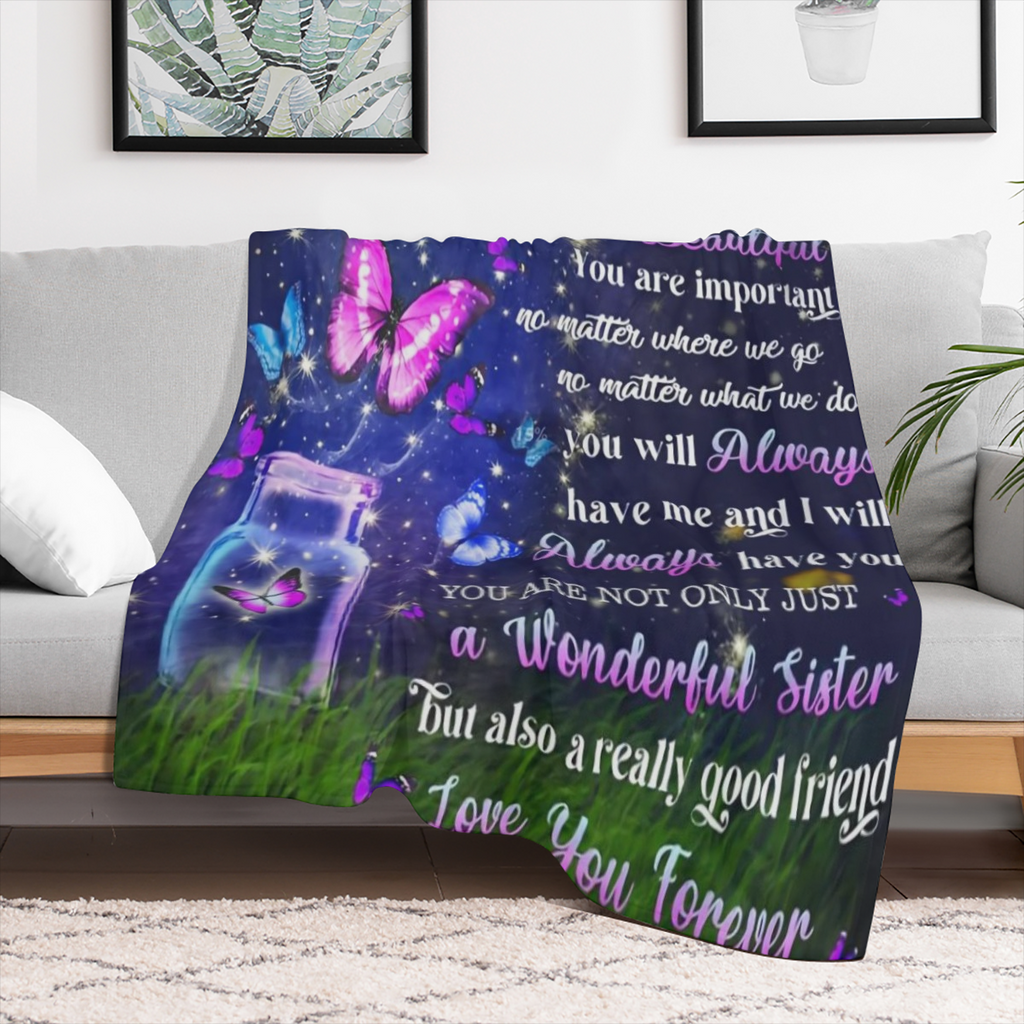 1pc Vintage Butterfly- Themed Flannel Throw Blanket, Lightweight 200- 250g Soft Knitted Polyester, All- Season Cozy Wrap, Sentimental Sister Gift with Loving Message, Anniversary Festival Commemorativ
