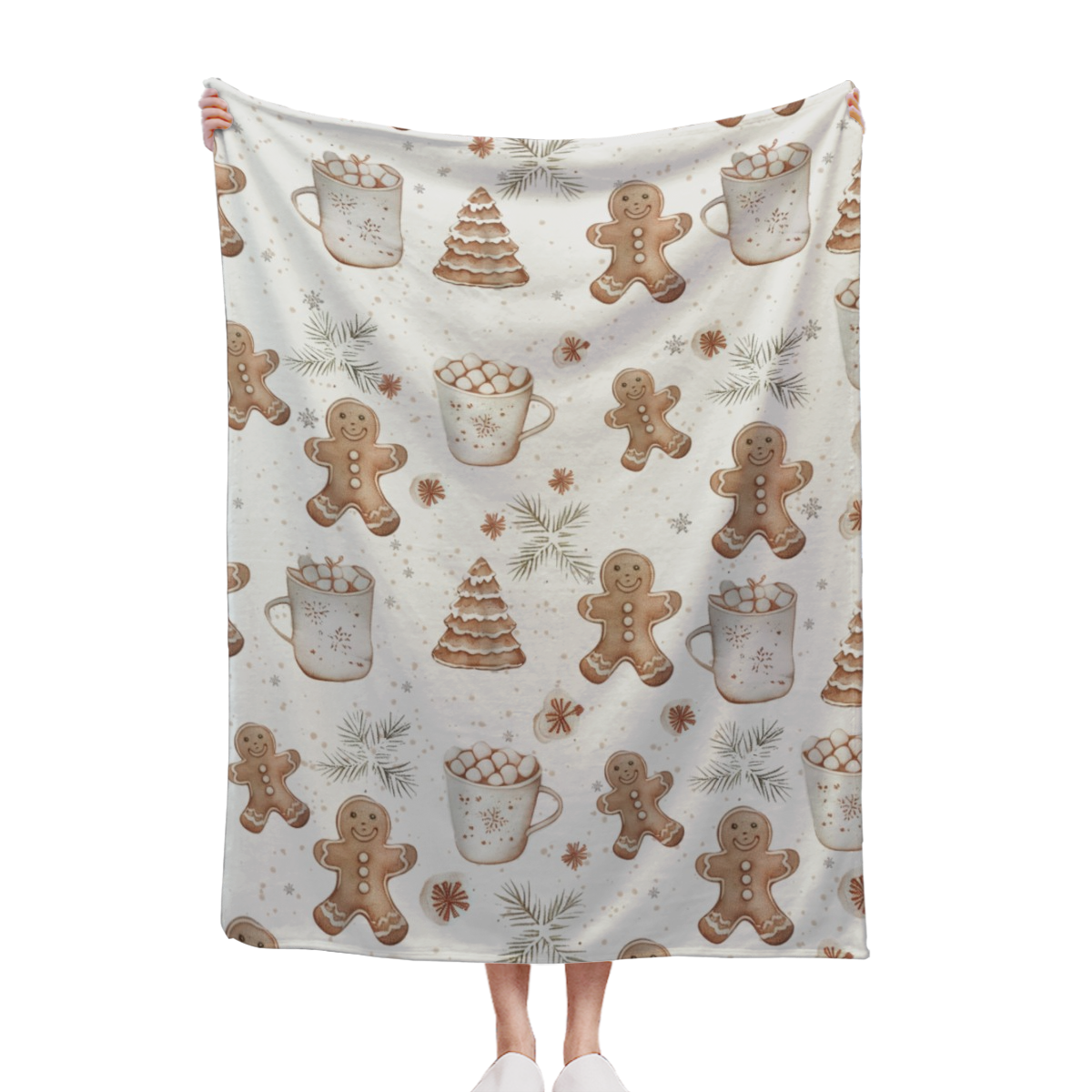 `Vintage Watercolor Christmas Throw Blanket, Gingerbread Man Hot Cocoa Winter Holiday Soft Flannel Blanket, Cozy Xmas Home Decor`