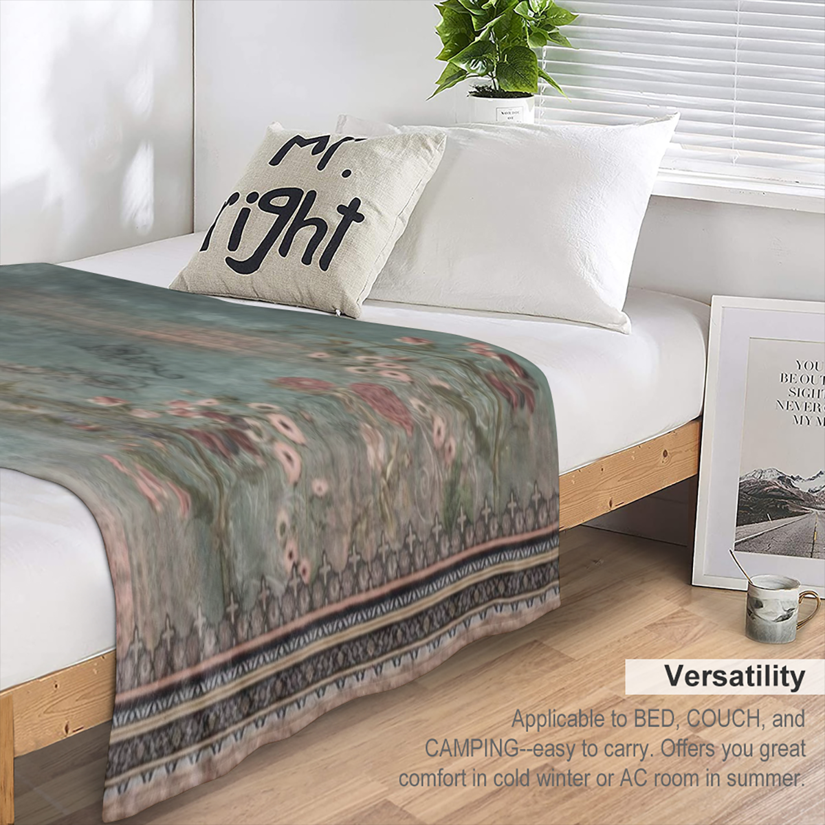 Comfortable floral and rattan printed flannel blanket - soft, warm and versatile for sofas, beds, cars, offices, camping and travel - the perfect gift for all seasons