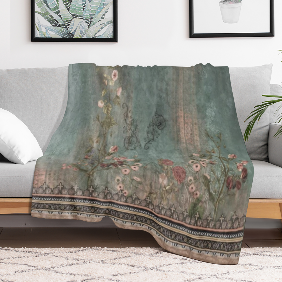 Comfortable floral and rattan printed flannel blanket - soft, warm and versatile for sofas, beds, cars, offices, camping and travel - the perfect gift for all seasons