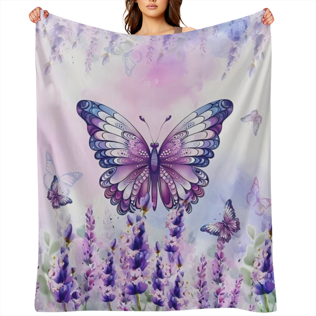1pc Fresh Fashion Blanket, Lavender Butterfly Print Flannel Blanket, Soft Warm Throw Blanket Nap Blanket For Couch Sofa Office Bed Camping Travel, Multi- purpose Gift Blanket For All Season