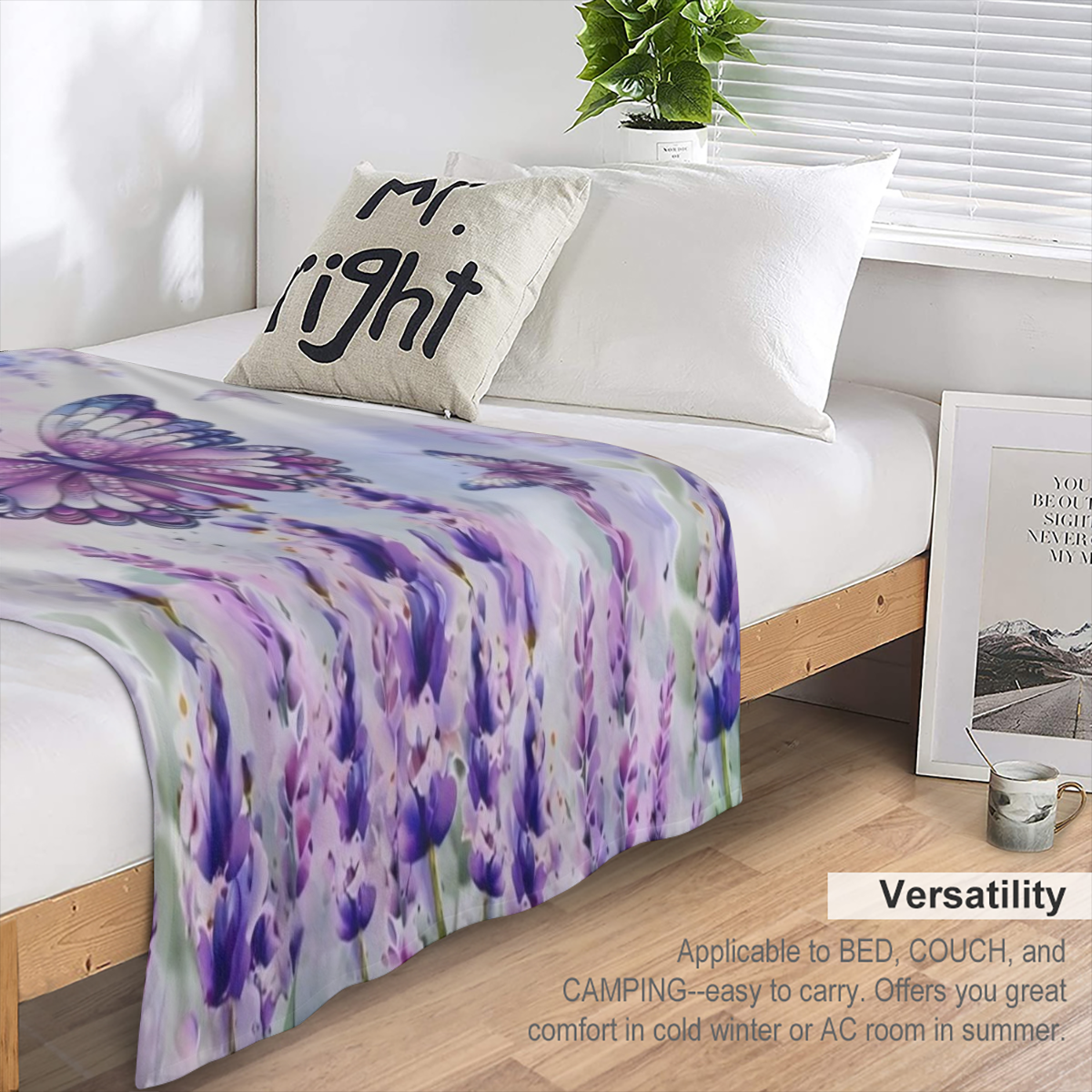 1pc Fresh Fashion Blanket, Lavender Butterfly Print Flannel Blanket, Soft Warm Throw Blanket Nap Blanket For Couch Sofa Office Bed Camping Travel, Multi- purpose Gift Blanket For All Season