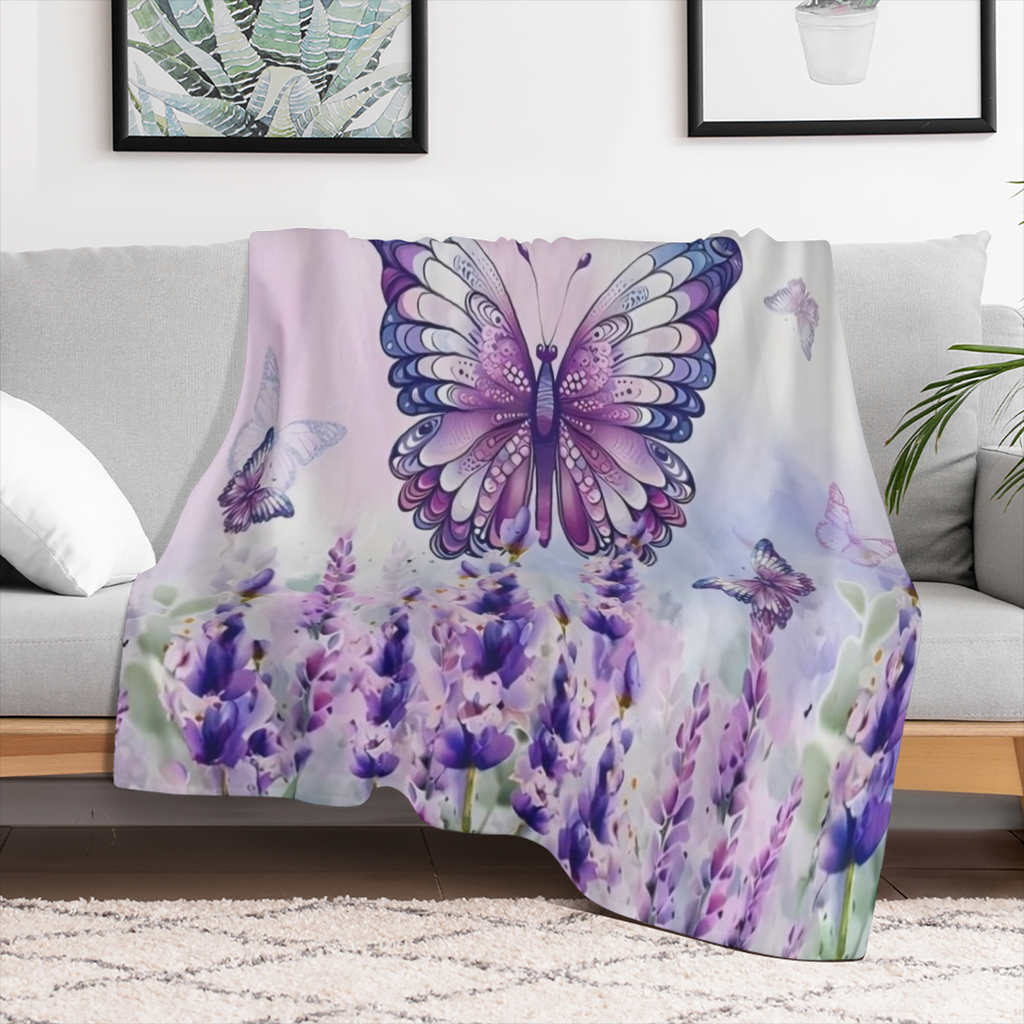 1pc Fresh Fashion Blanket, Lavender Butterfly Print Flannel Blanket, Soft Warm Throw Blanket Nap Blanket For Couch Sofa Office Bed Camping Travel, Multi- purpose Gift Blanket For All Season