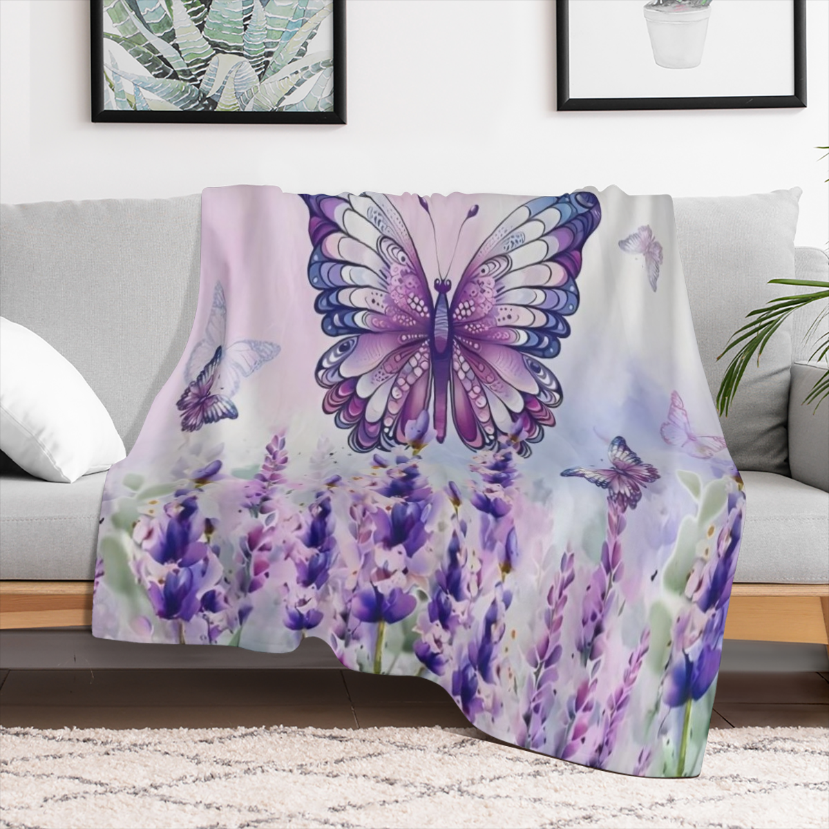 1pc Fresh Fashion Blanket, Lavender Butterfly Print Flannel Blanket, Soft Warm Throw Blanket Nap Blanket For Couch Sofa Office Bed Camping Travel, Multi- purpose Gift Blanket For All Season