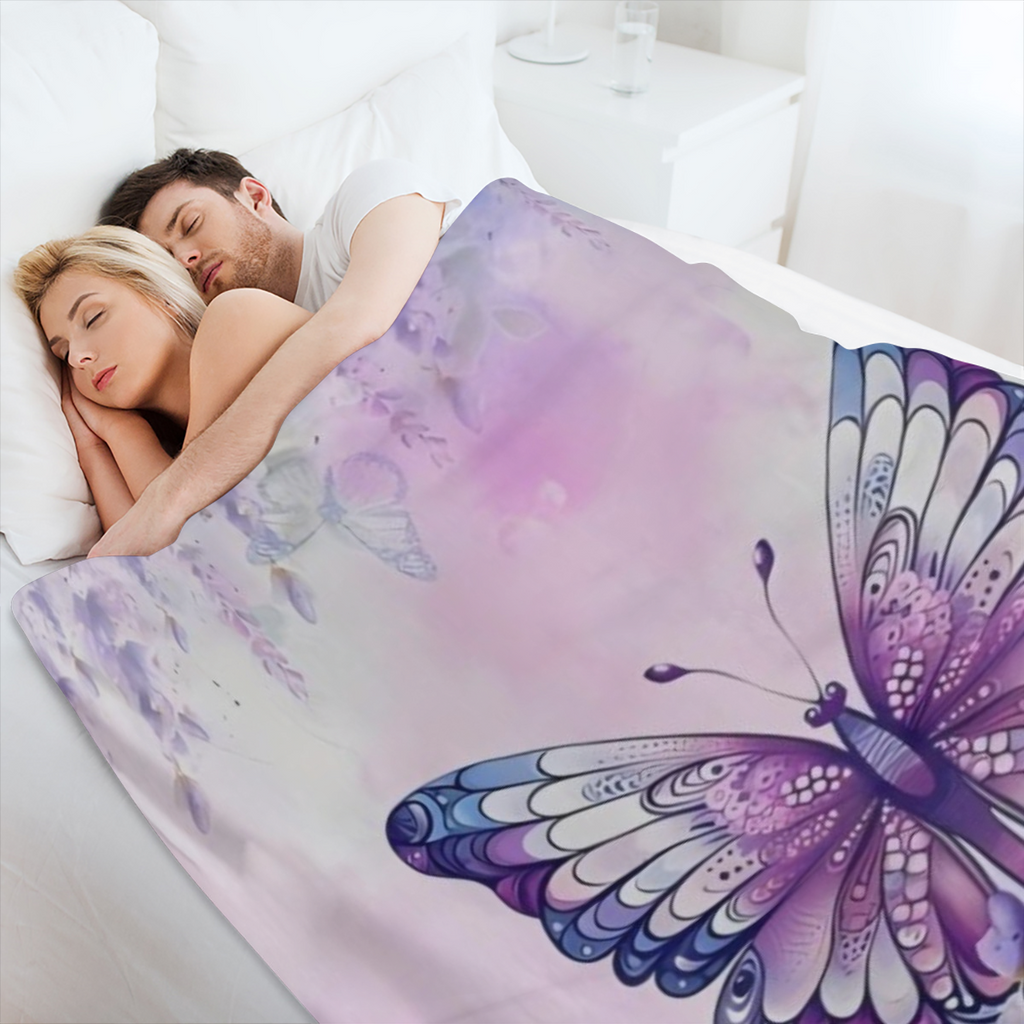 1pc Fresh Fashion Blanket, Lavender Butterfly Print Flannel Blanket, Soft Warm Throw Blanket Nap Blanket For Couch Sofa Office Bed Camping Travel, Multi- purpose Gift Blanket For All Season