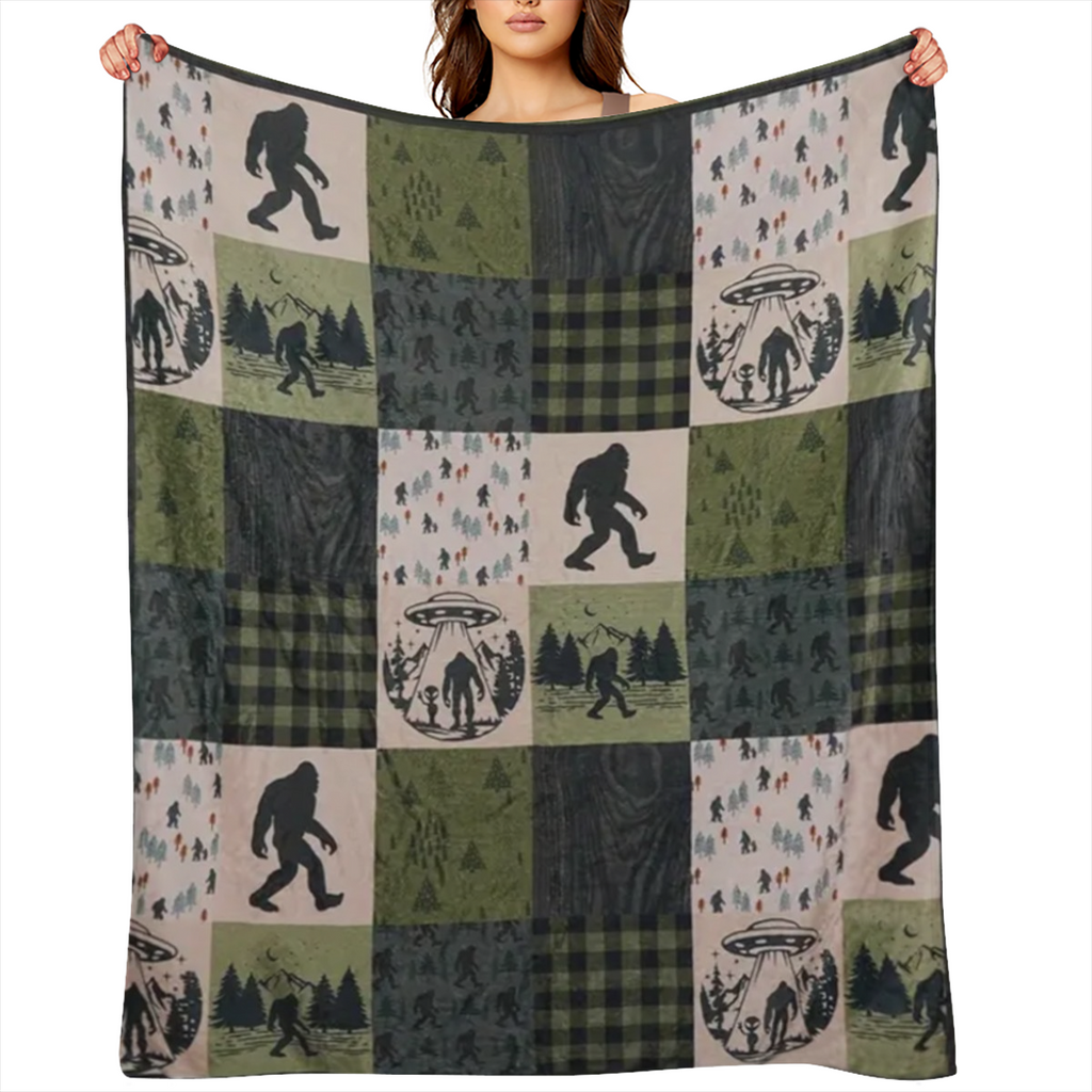 Bigfoot- Themed Flannel Throw Blanket Multi- Color Patchwork Design with Sasquatch & Forest Motifs Soft Polyester, All- Season Comfort Machine Washable Ideal for Couch, Bed, Travel Unisex Gift for Adu