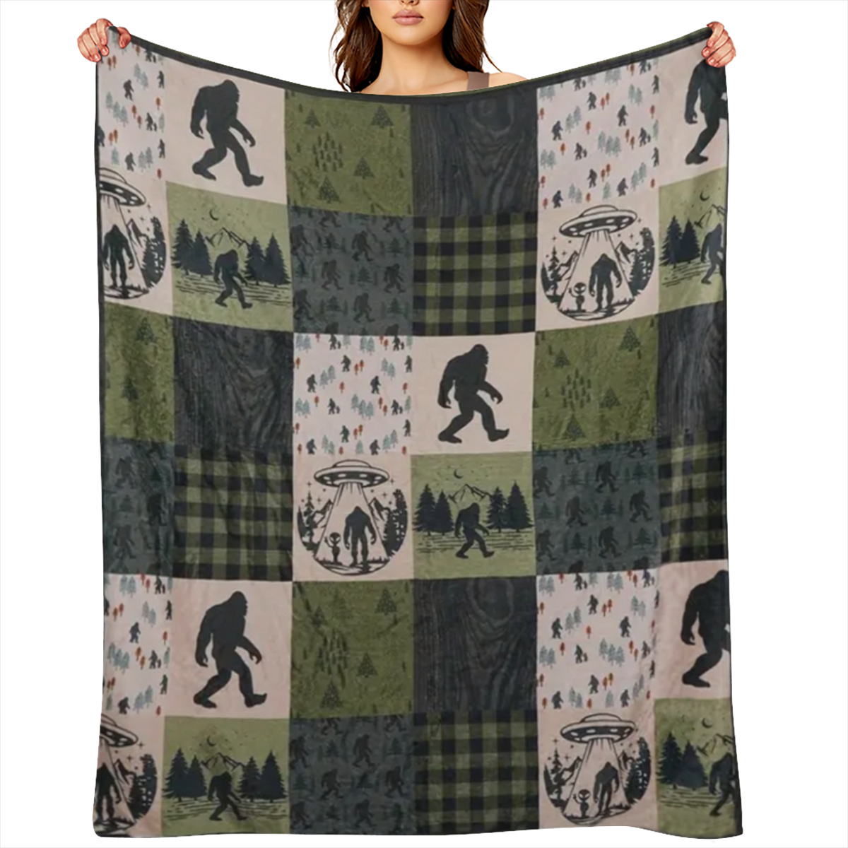 Bigfoot- Themed Flannel Throw Blanket Multi- Color Patchwork Design with Sasquatch & Forest Motifs Soft Polyester, All- Season Comfort Machine Washable Ideal for Couch, Bed, Travel Unisex Gift for Adu