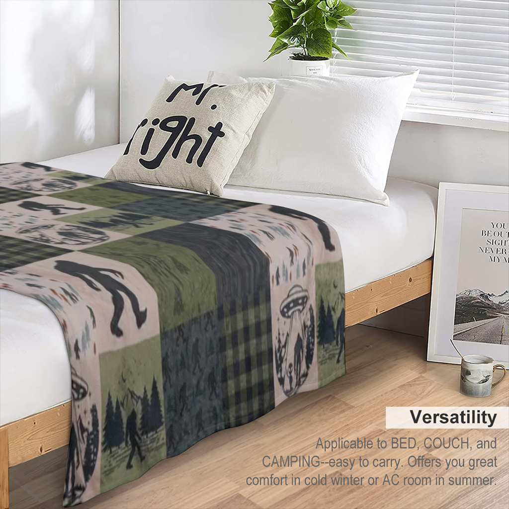 Bigfoot- Themed Flannel Throw Blanket Multi- Color Patchwork Design with Sasquatch & Forest Motifs Soft Polyester, All- Season Comfort Machine Washable Ideal for Couch, Bed, Travel Unisex Gift for Adu