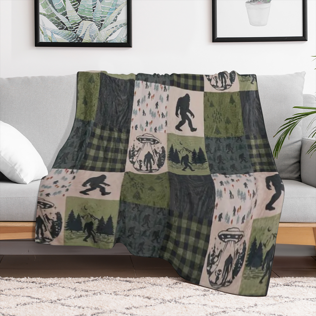 Bigfoot- Themed Flannel Throw Blanket Multi- Color Patchwork Design with Sasquatch & Forest Motifs Soft Polyester, All- Season Comfort Machine Washable Ideal for Couch, Bed, Travel Unisex Gift for Adu