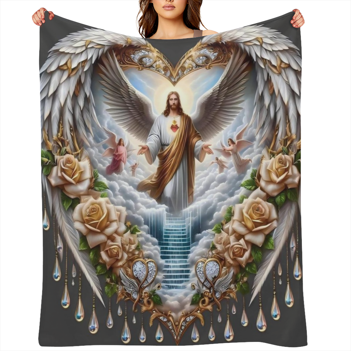Angel Divine Heart Spiritual Theme Flannel Throw Blanket - Glam Style All-Season Quilted Comfort Machine Washable Stain Resistant Tear Resistant Multipurpose Digital Print 100 Polyester for Sofa Bed O