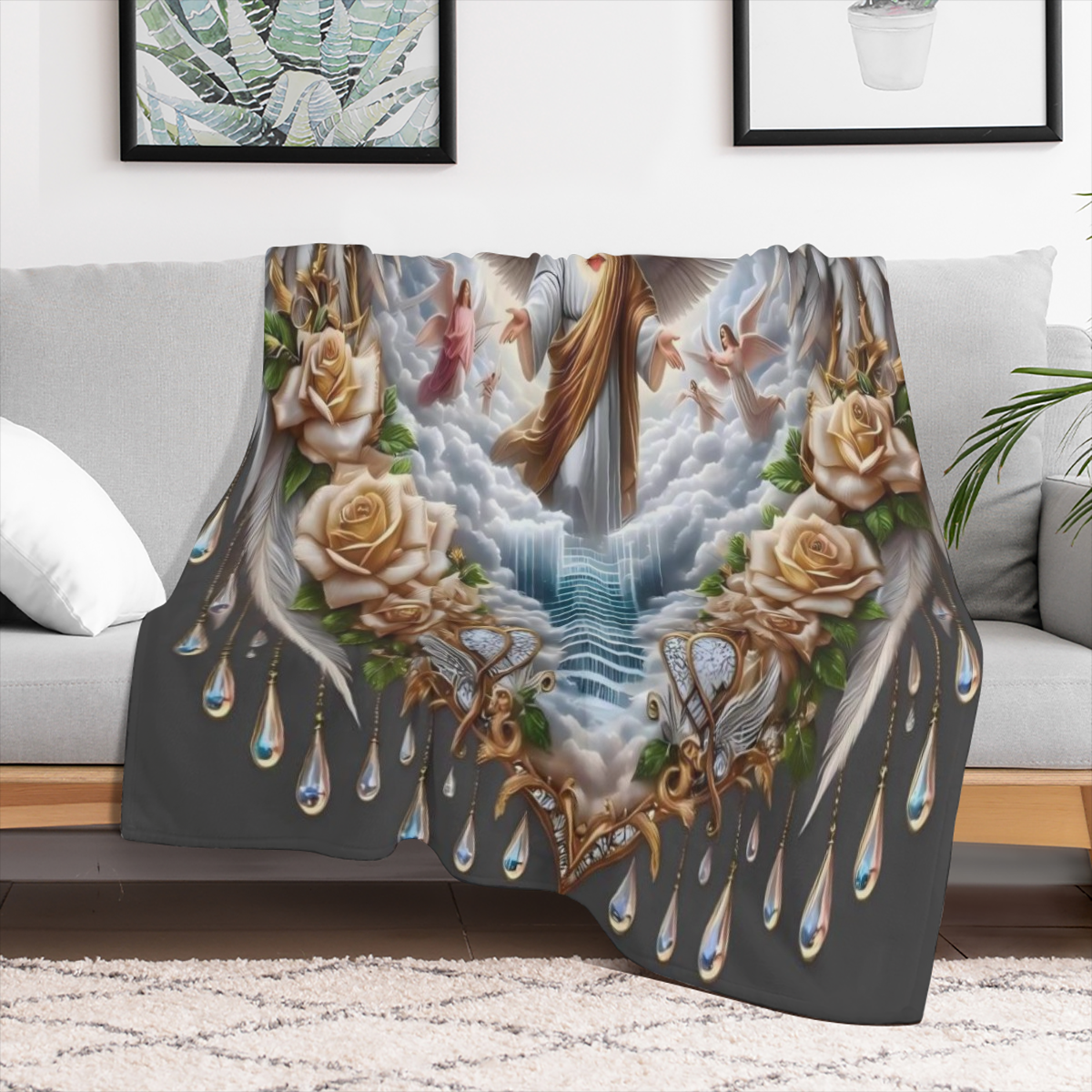 Angel Divine Heart Spiritual Theme Flannel Throw Blanket - Glam Style All-Season Quilted Comfort Machine Washable Stain Resistant Tear Resistant Multipurpose Digital Print 100 Polyester for Sofa Bed O