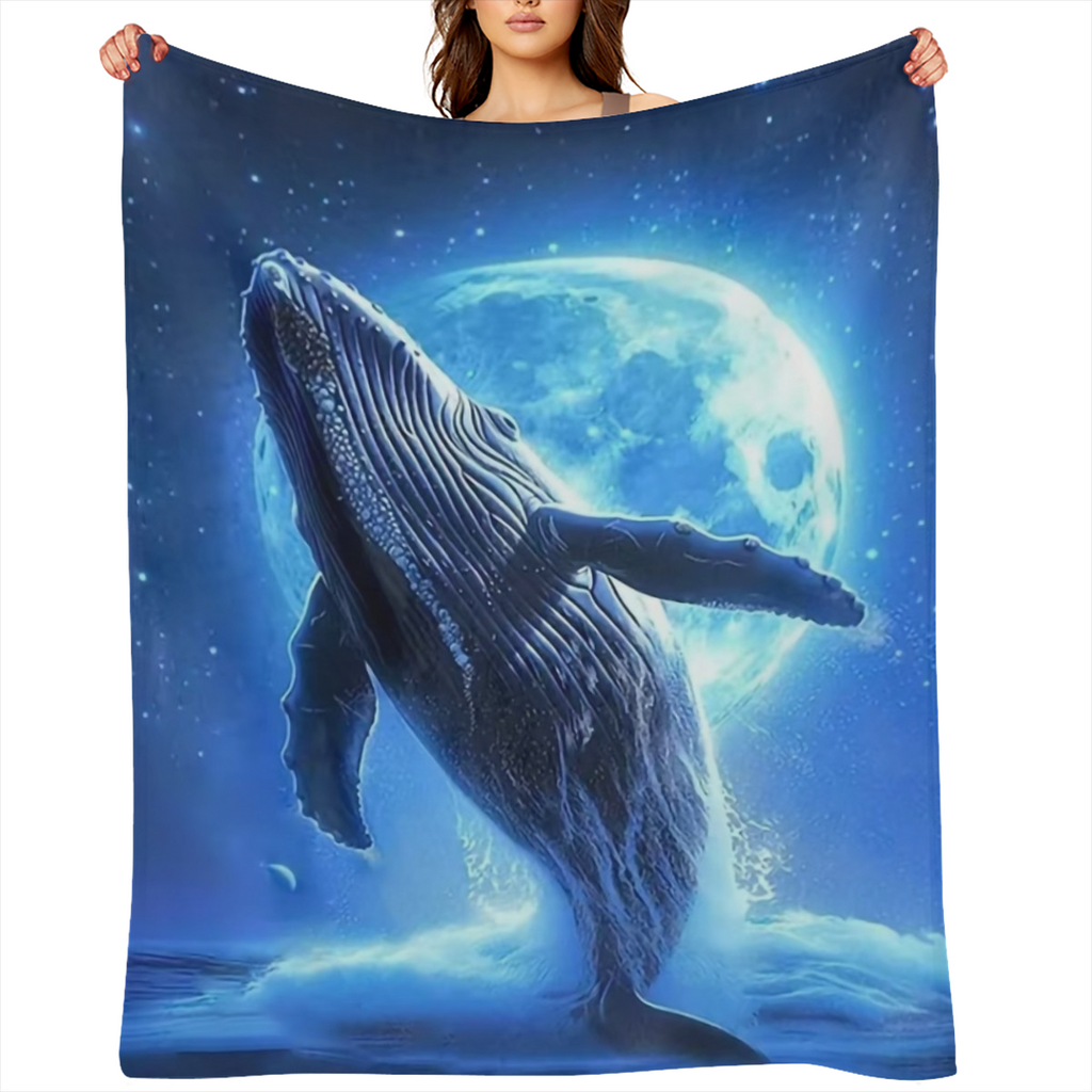 1pc Cozy Flannel Blanket, Leaping Blue Whale Design Blanket, Comfortable And Comfortable Blanket, For Camping Sofa Bed And Couch Office, Suitable For All Seasons