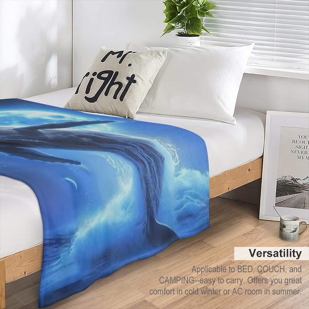1pc Cozy Flannel Blanket, Leaping Blue Whale Design Blanket, Comfortable And Comfortable Blanket, For Camping Sofa Bed And Couch Office, Suitable For All Seasons