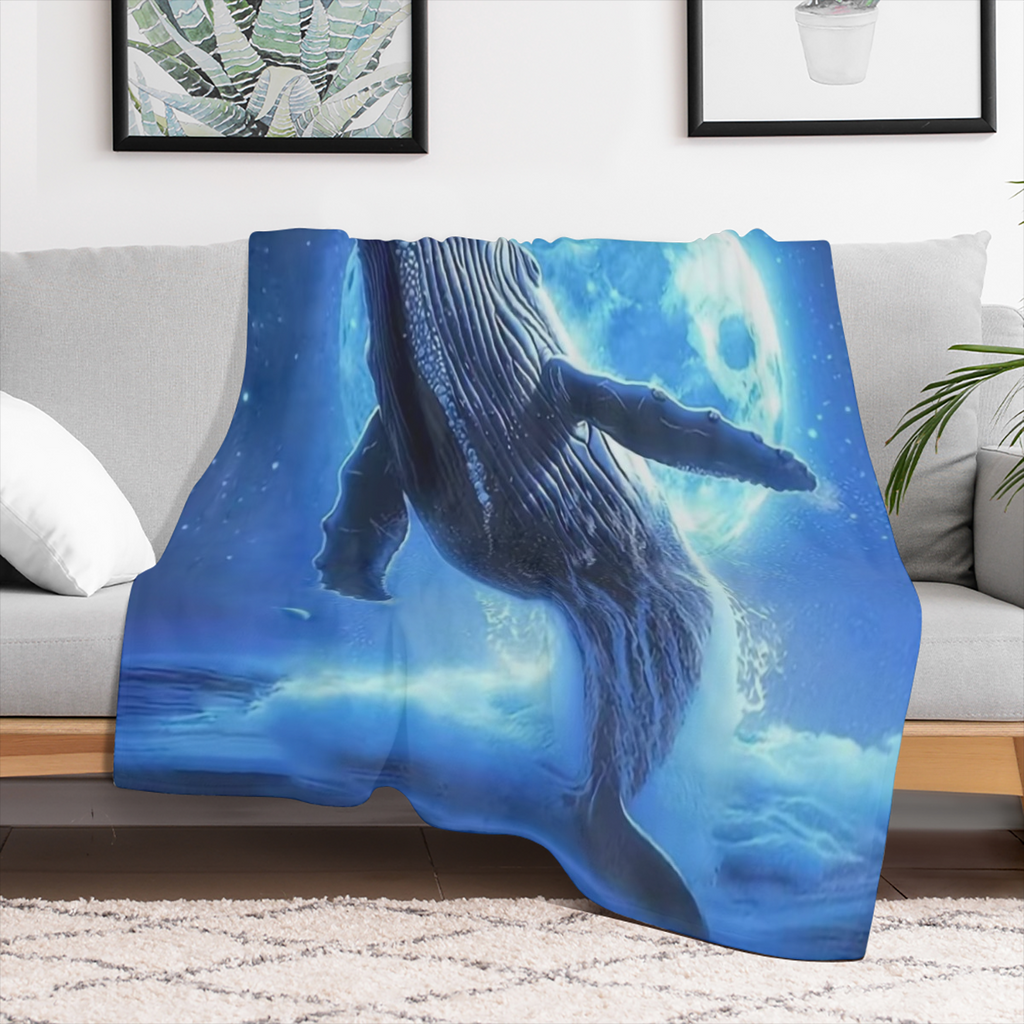 1pc Cozy Flannel Blanket, Leaping Blue Whale Design Blanket, Comfortable And Comfortable Blanket, For Camping Sofa Bed And Couch Office, Suitable For All Seasons