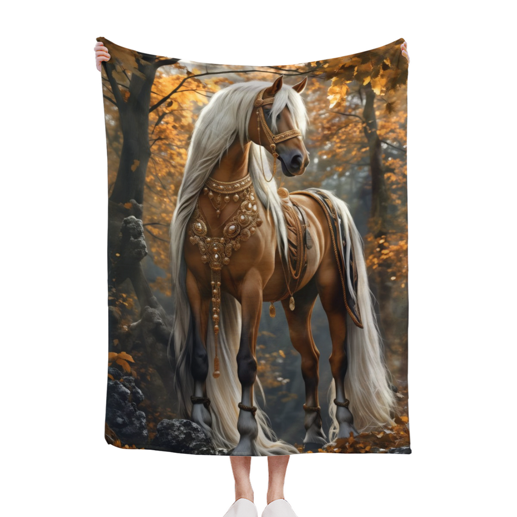 Luxury Horse in Wooded Area HD Printed Flannel Blanket - 280GSM Heavyweight Soft Warm All-Season Throw for Camping, Bed, Sofa - 3 Sizes (30x40in, 50x60in, 60x80in) - Majestic White-Haired Horse & Autu