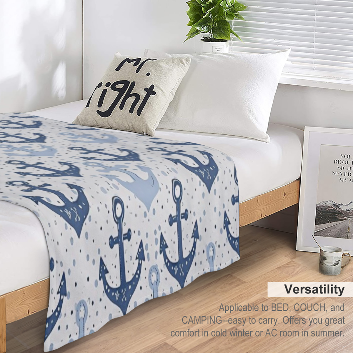 Blue Sailboat Anchors Throw Blanket, Nautical Design Blankets for Couch Bedroom Living Room Indoor Decor, Lightweight Soft Cozy Bedding Birthday Gift for Kids Boys Adults