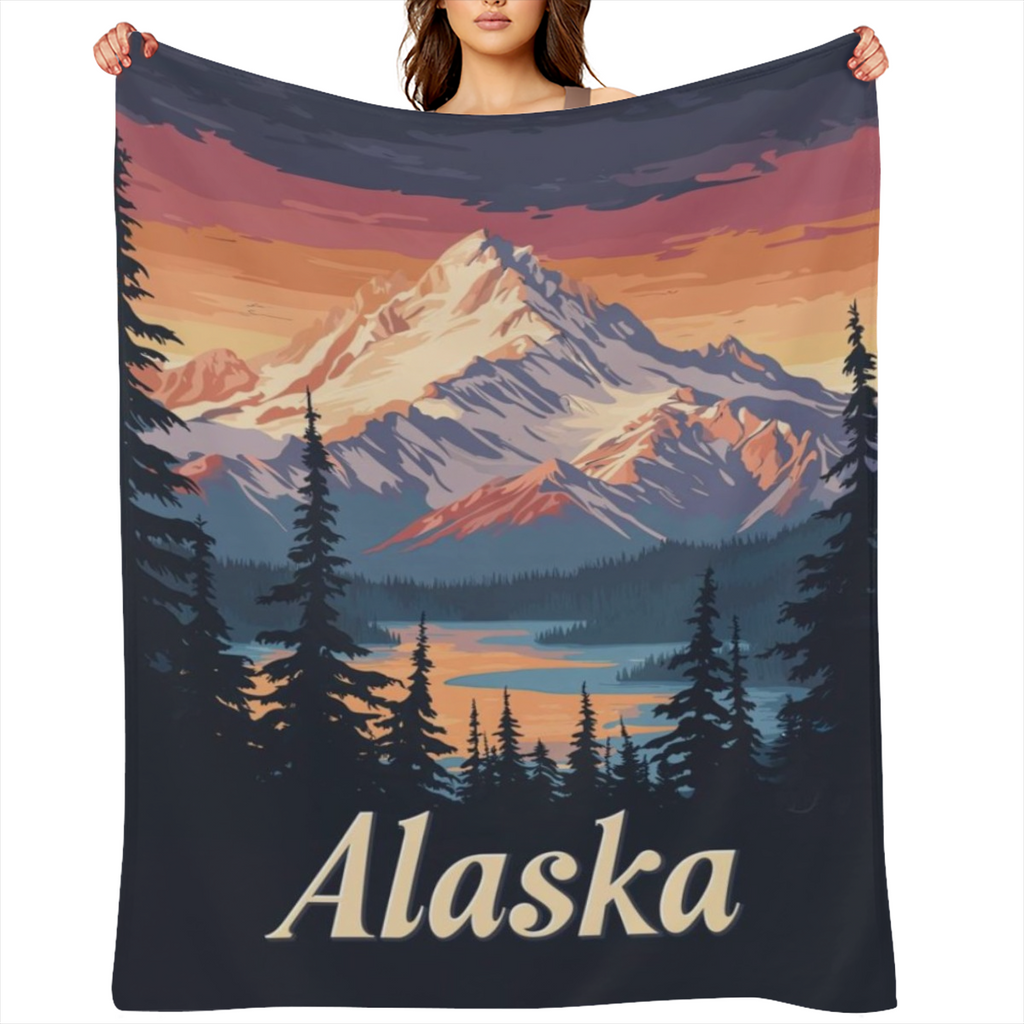 Alaska Mountain Sunset Poster B6785777 Flannel Throw Blanket - Hypoallergenic, Machine Washable, Gift for Family & Friends