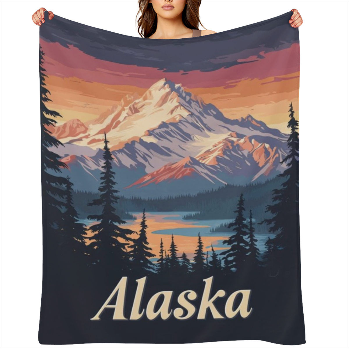 Alaska Mountain Sunset Poster B6785777 Flannel Throw Blanket - Hypoallergenic, Machine Washable, Gift for Family & Friends