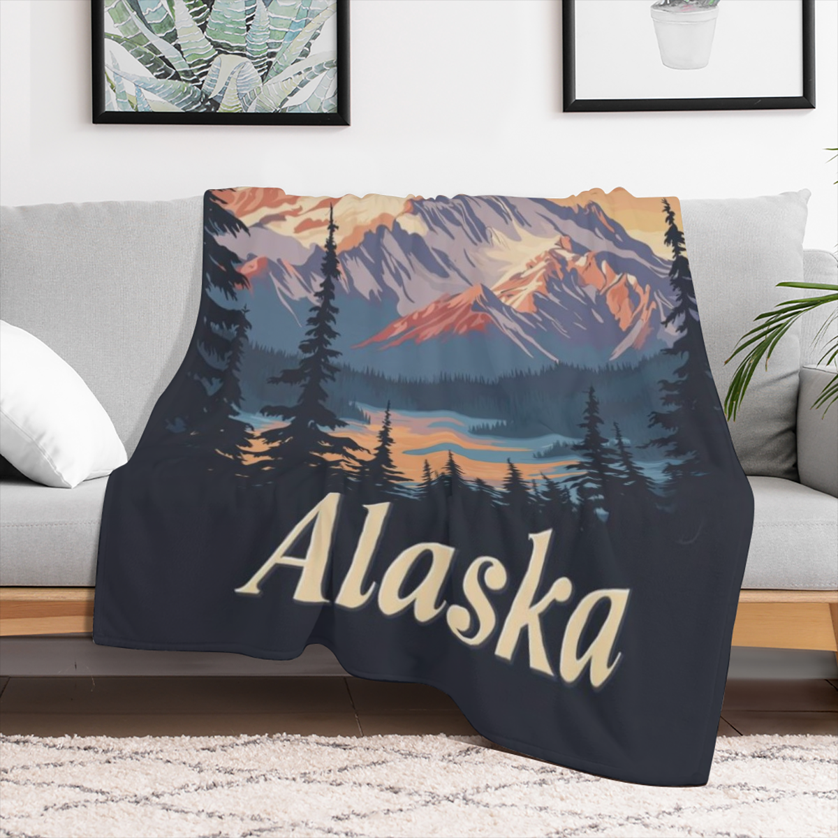 Alaska Mountain Sunset Poster B6785777 Flannel Throw Blanket - Hypoallergenic, Machine Washable, Gift for Family & Friends
