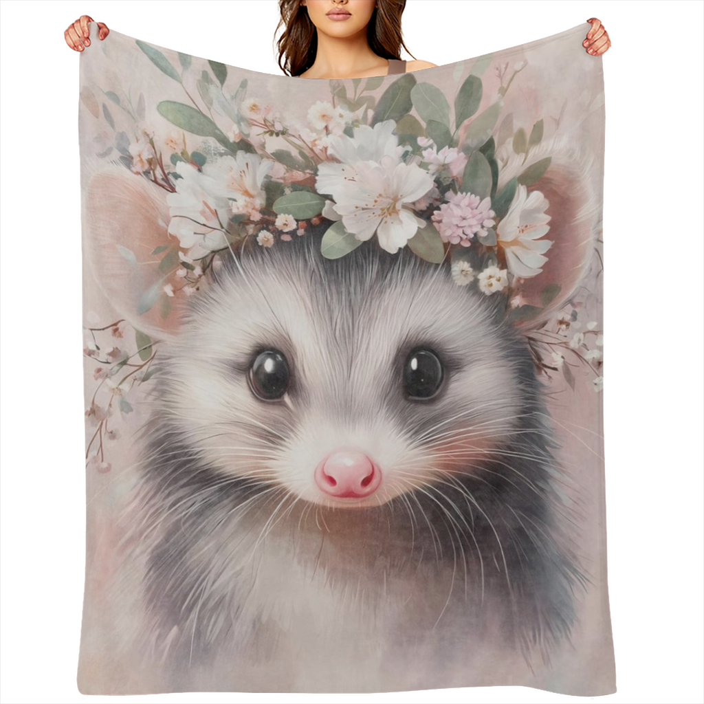 Cute Possum Blanket Adorable Sweet Opossum Flower Crown Fleece Throw, Gifts for Kids Adult, Soft And Warm, Lightweight, for Modern Decor, Animal Lovers, and Room Home Accents