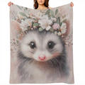 Cute Possum Blanket Adorable Sweet Opossum Flower Crown Fleece Throw, Gifts for Kids Adult, Soft And Warm, Lightweight, for Modern Decor, Animal Lovers, and Room Home Accents