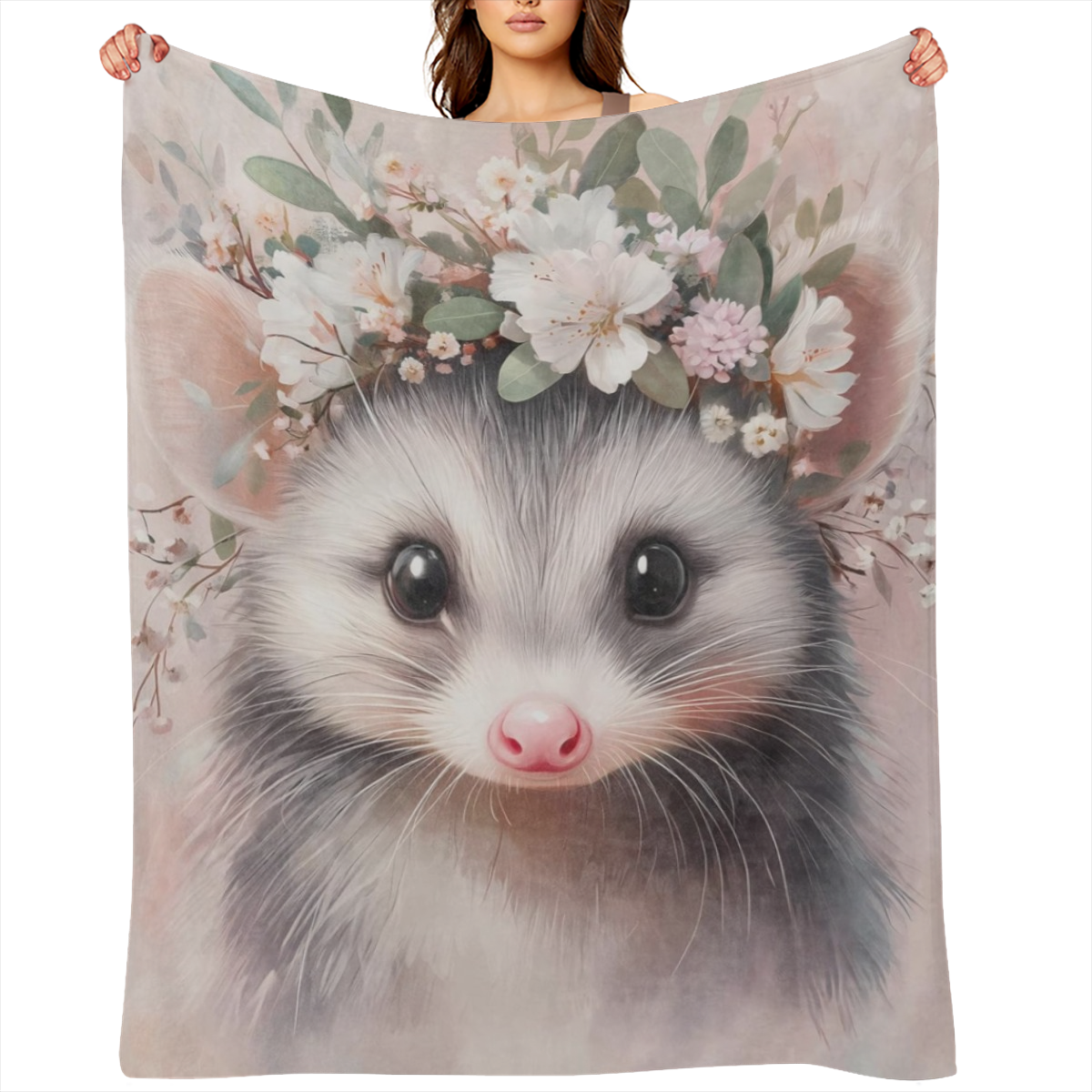 Cute Possum Blanket Adorable Sweet Opossum Flower Crown Fleece Throw, Gifts for Kids Adult, Soft And Warm, Lightweight, for Modern Decor, Animal Lovers, and Room Home Accents