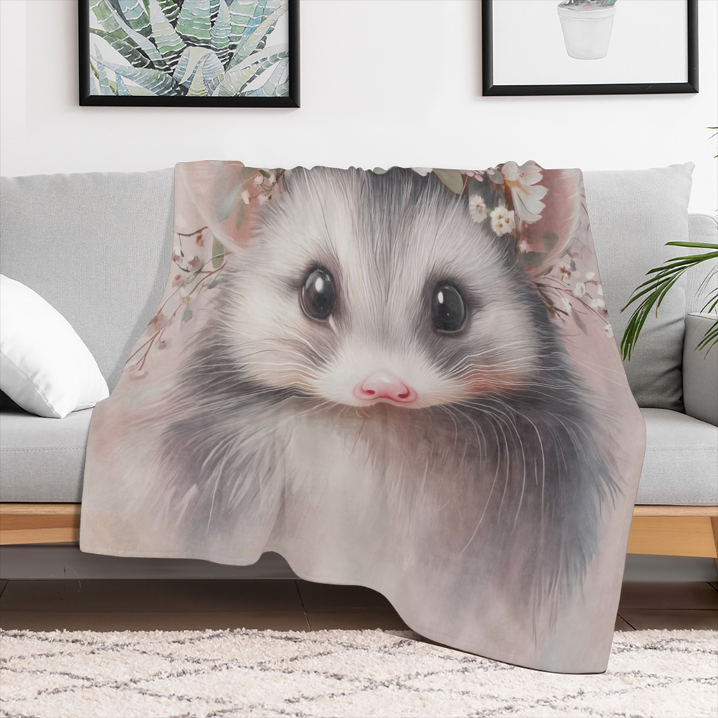 Cute Possum Blanket Adorable Sweet Opossum Flower Crown Fleece Throw, Gifts for Kids Adult, Soft And Warm, Lightweight, for Modern Decor, Animal Lovers, and Room Home Accents
